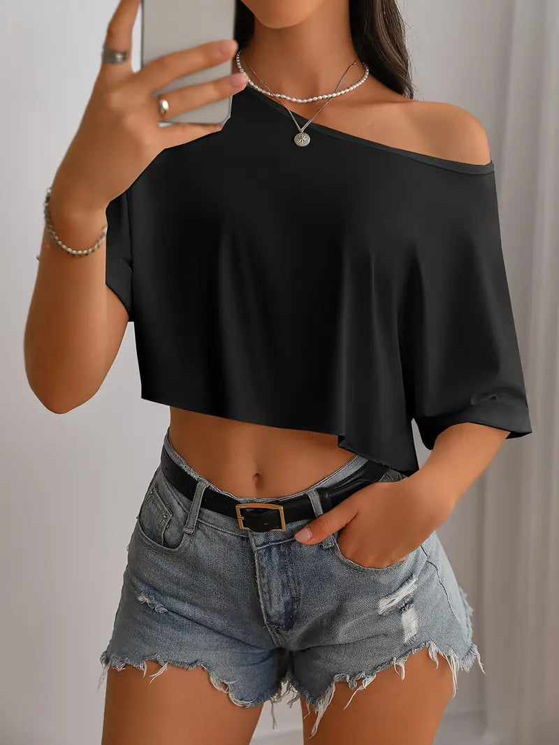 KAYIK YAKA CROP TOP TEK OMUZ CROP ASİMETRİK CROP