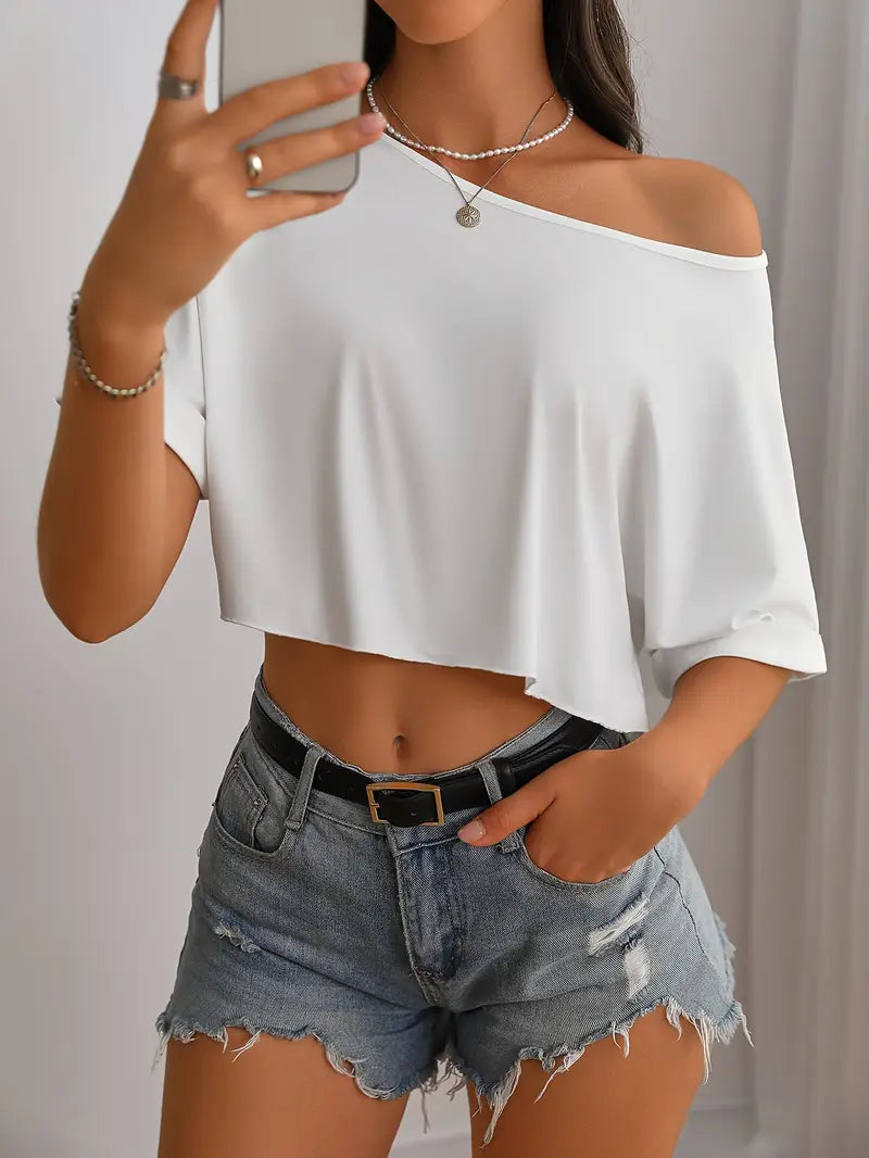 KAYIK YAKA CROP TOP TEK OMUZ CROP ASİMETRİK CROP