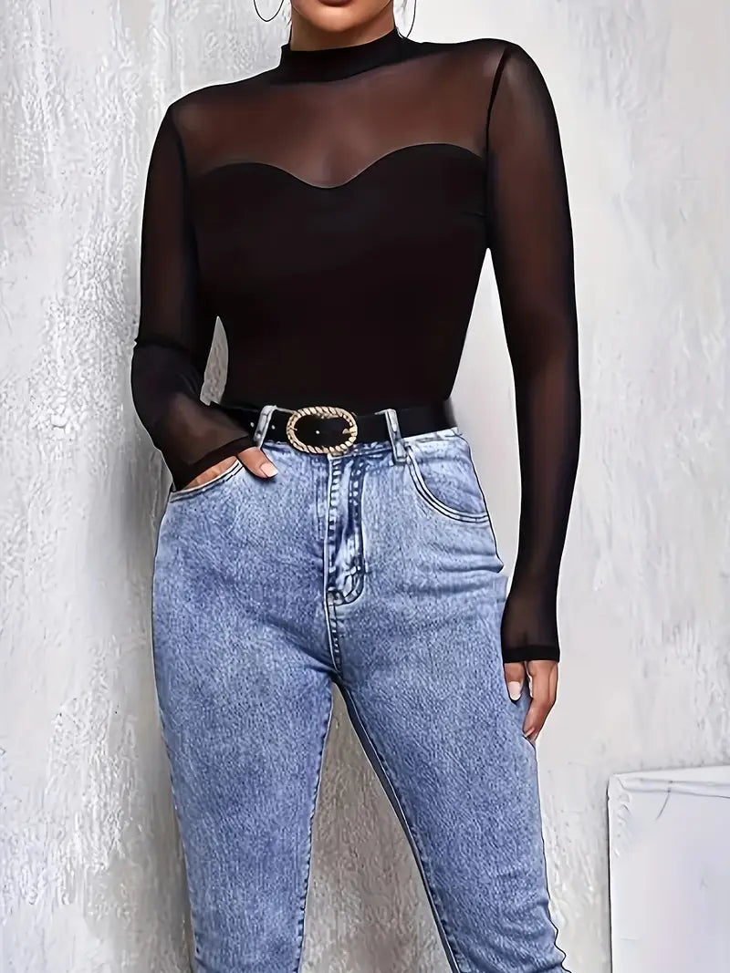 KADIN SİYAH GÜNLÜK UZUN KOLLU VİSKON MOCK NECT TSHIRT