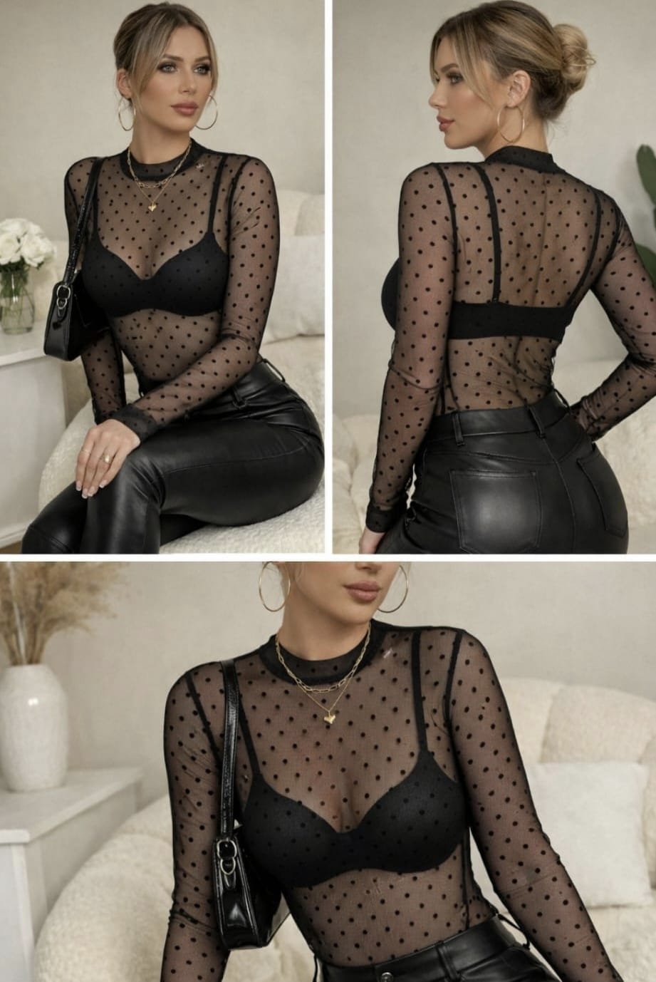 KİM Kİ O ÖZEL SERİSİ,PUANTİYELİ TRANSPARAN TÜL BLUZ