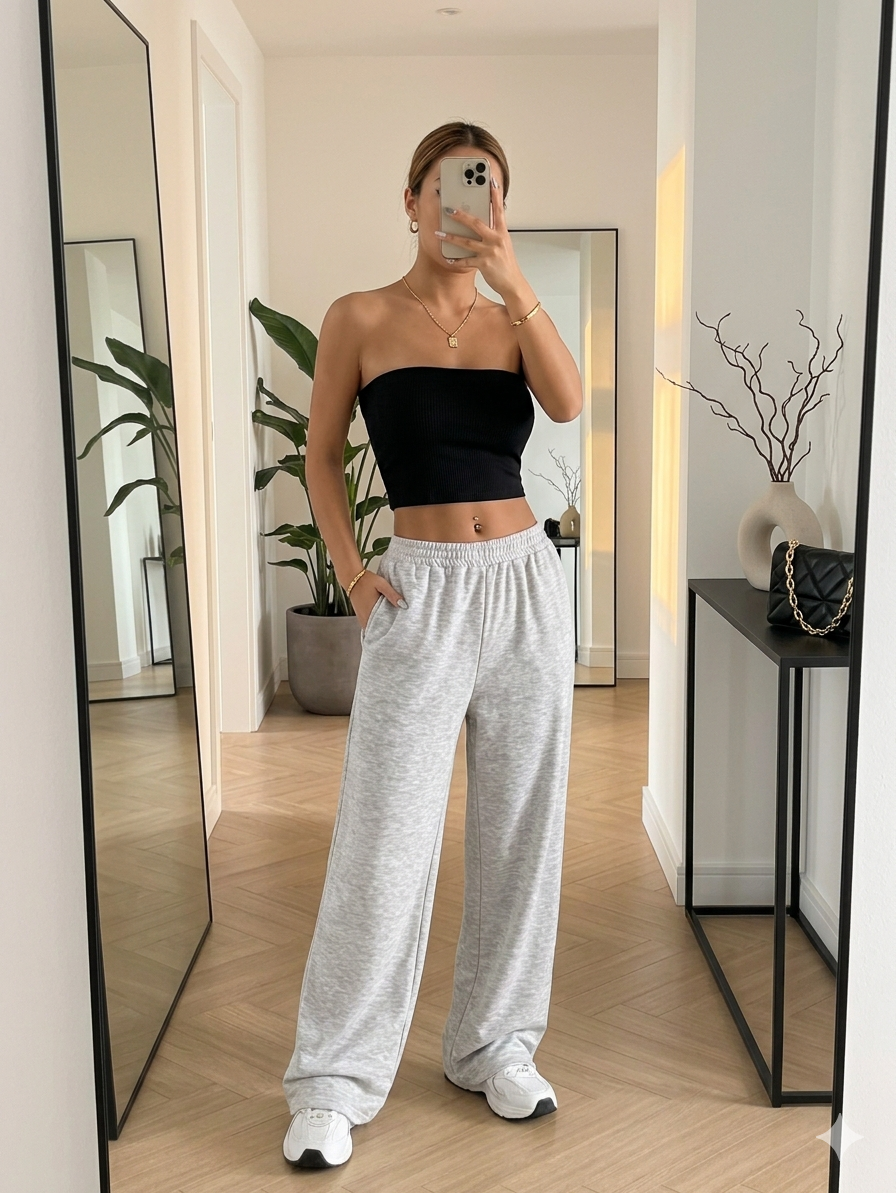 Gri Rahat Kalıp Günlük Spor Wide Leg Eşofman Altı